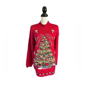 Vintage Y2K Tiara International Red Christmas Tree Sweater Holiday Festive M